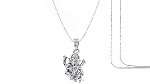 Image of Akshat Sapphire Sterling Silver (92.5% purity) God Ganesha Chain Pendant for Men & Women Pure Silver Lord Ganapathy Chain Locket