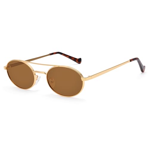 Retro Oval Sunglasses for Women, Gold Frame Sunglasses Narrow Fashion Oval Sunnies