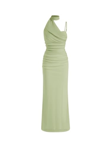 CIDER Womens Mesh Halter Ruched Maxi Dress with Scarf Light Green