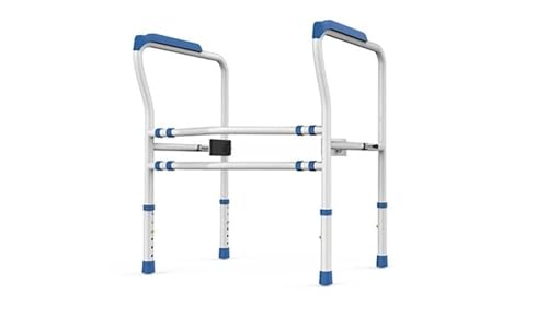 トイレ 手すり 穴あけ不要のトイレ手すり 高さ6段階調節で 大型吸盤式フットパッド付きアームレスト ダブルベンドパイプはほとんどのトイレに適合します (ブルー,フロアマットタイプ)