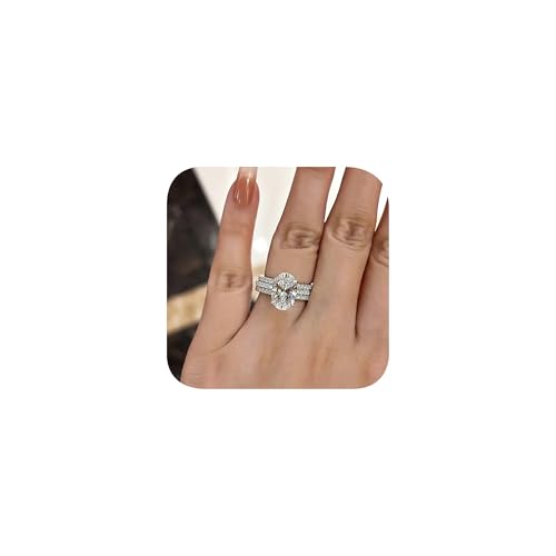925 Silver Plated Fake Engagement Ring Promise Ring 3pcs Set Round Cut 3ct Halo Solitare Cubic Zirconia Engagement Ring for Women Fake Wedding Ring for Women's 8#