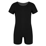 renvena Kids Girls One Piece Short Sleeves Solid Color Leotard Ballet Dance Gymnastic Active Bodysuit Unitard Black 12-14