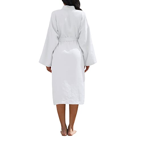Image of Amazhiyu Womens Pure Linen Mid Length Kimono Robes Lightweight Long Sleeve Bathrobe