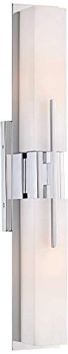 Image of Possini Euro Design Midtown Mid Century Modern Wall Mount Light Chrome Silver Metal 23 1 /2 inch Wide 2-Light Vanity Fixture Rectangular White Glass Shades Decor for Bathroom Over Mirror House Home
