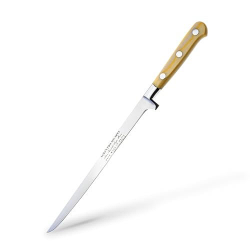 Cuchillo Fileteador Estrecho Simón PRO Micarta | Hoja Ultraflexible de 21 cm | Acero Forjado Español | Mango de Micarta de Lino | Funda de Piel Negra | Ideal para Pescado y Jamón