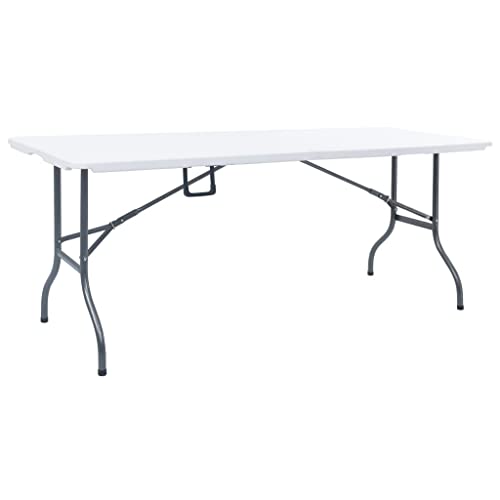 Yunovire Mesa de jardín plegable, color blanco, 180 x 72 x 72 cm, estructura de acero HDPE, resistente a la intemperie, para exteriores, camping, pícnic, terraza, balcón, ahorra espacio, con asa y