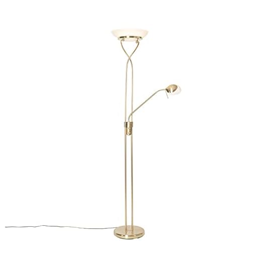 QAZQA - Modern Stehleuchte I Stehlampe I Standleuchte I Lampe I Leuchte Messing inkl. LED und Dimmer mit Leselampe - Empoli Dimmer I Dimmbar I Wohnzimmer I Schlafzimmer I Deckenfluter - Stahl Länglich