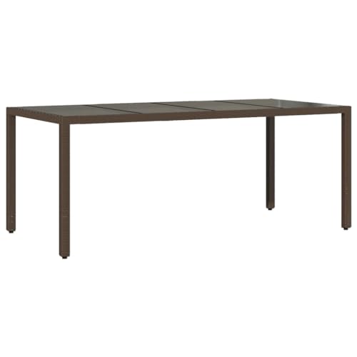 vidaXL Mesa de Jardín con Superficie de Vidrio, Mesita Auxiliar, Mesa de Comedor Exterior, Mueble para Patio Terraza, Ratán PE Marrón
