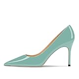 Fravonkass Women's Sexy Pointed Closed Toe Stiletto Heel Pumps 3.35Inch/8.5cm Comfortable Slip On Wedding Party Dressy High Heel Shoes for Women Turquoise Patent Size 10