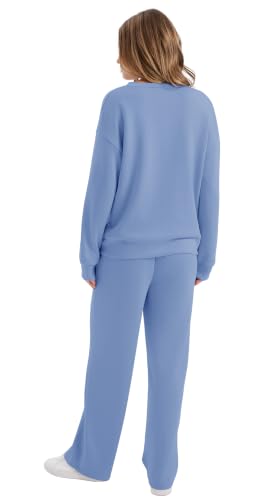 Image of WIHOLL Lounge Sets for Women 2026 V Neck 2 Piece Outfits Airport Wide Leg Pants Matching Set Sweatsuits