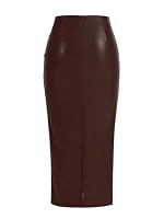 GORGLITTER Damen Rock Elegant Lederrock Midirock Kunstlederrock Bodycon Partyrock mit Schlitz Langrock Festival Outfit Kaffeebraun S – Ansicht 2