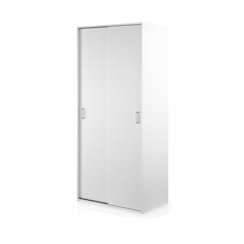 KHG Kleiderschrank weiß 2-türig Schiebetürenschrank mit 1 Kleiderstange 2 Einlegeböden Bügelgriffe zeitlos