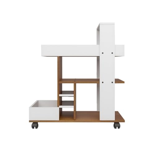 Image of Barista Bar Trolley 3-Tier Engineered Wood Rolling Bar Cart, Wine Serving Cart with Wheels and Seasoning Rack, Ideal for Dining Room Trolley - White and Leon Teak Finish
