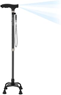 KAKICLAY Quad Cane Walking Cane with LED Light for Men & Women, 4-Pronged Base, Adjustable Lightweight Aluminum Walking Stick for Left or Right Hand (Black)