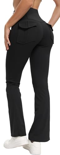 HiBwoBwo Calça feminina de cintura alta flare para ioga com bolsos levanta bumbum e controle de barr