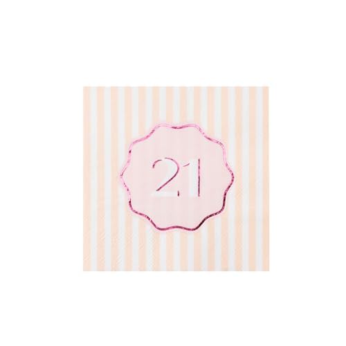 Bonjour Fête 21st Birthday Striped Pink Cocktail Napkins, Pack of 20, 5"