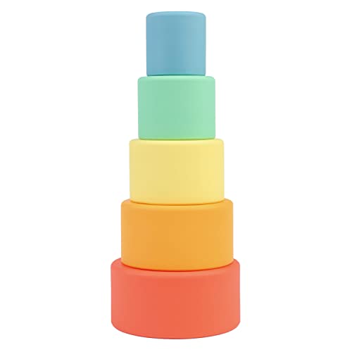 Image of BLUE GINKGO Silicone Stacking Cups - Nesting Cups and Silicone Stacking Toy - Open Ended Montessori Toddler and Baby Stacking Cups - Neutral Baby Toys (5 Cups - Matte)