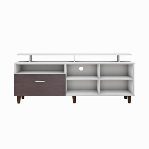 Image of VIKI Modern TV Unit for Living Room | Engineered Wood TV Cabinet with 1 Drawer Storage, 2 Open Shelves & Extension, Entertainment Unit, 140W x 48H x 40D cm | DIY | 1 Year Warranty (White & Wenge)
