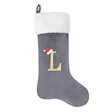 AUAWMLK 20-Inch Letter Embroidered Christmas Stocking Thick Grey Velvet with Super Soft Plush Cuff Personalized Festival Decoration for Xmas and New Year Party(Letter L)