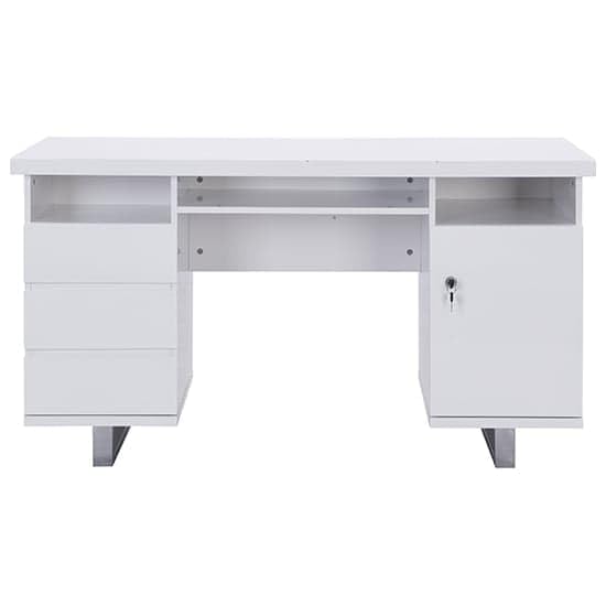 Image of Lakdi The Furniture Home and Office Modern High Gloss Computer Desk with Lockable Drawers and Storage, Writing Desk with Metal Leg and Integrated Open Shelves for White- 121534258