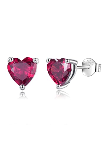 Vito 925 Sterling Silver Birthstone July Stud Earrings For Women, Heart Cubic Zirconia Hypoallergenic Ruby Ear Studs Jewelry Gift For Girls Mom Wife Daughter On Birthday #TOP3
