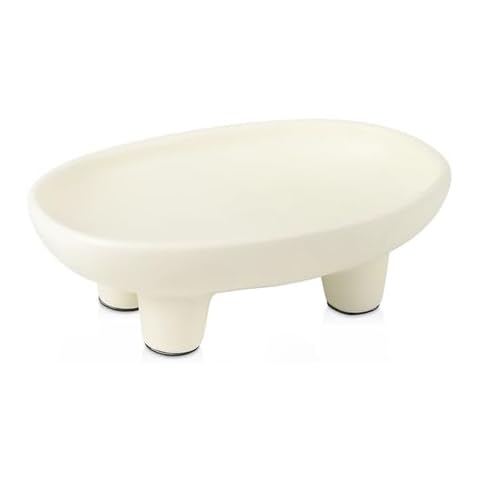 Sureasy Ceramic Fruit Bowl for Kitchen Counter, Decorative Bowl for Home Décor, Modern Pedestal Bowl with 4-Legs, 10 inch Oval Footed Bowls, Fruit and Vegetable Holder Countertop, Beige Cover