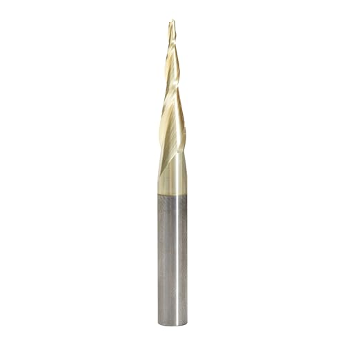 Image of Amana Tool Up Cut Spiral CNC Router Bits for 2D /3D Carving, ZrN Coated, 46252, 5.5 Deg Tapered Angle Ball Tip x 1 /16 D x 1 /32 R x 1 x 1 /4 Shank x 2 Fl