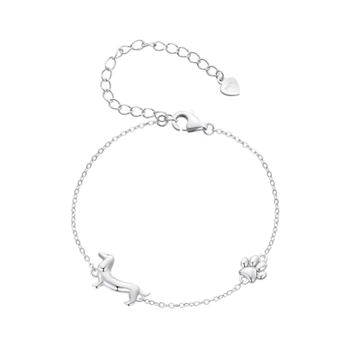 Qings Perro Salchicha Pulsera para Mujeres 925 Plata de Ley Lindo Perro Huella Animales Ajustable Pulsera para Amante de los Animales