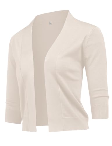 Image of URRU Women's Classic 3 /4 Sleeve Open Front Cropped Cardigan Sweater Lightweight Knit Short Shrugs