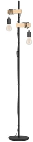 EGLO Lámpara de pie TOWNSHEND, lámpara de pie vintage con 2 bombillas de estilo industrial, acero y madera, negro, marrón, casquillo E27, incl interruptor, certificado FSC EGLO Lámpara de pie TOWNSHEND, lámpara de pie vintage con 2 bombillas de estilo industrial, acero y madera, negro, marrón, casquillo E27, incl interruptor, certificado FSC