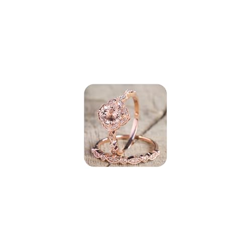 2PCS 14k Rose Gold Plated Morganite Bridal Ring Engagement Rings Set for Women's, Rose Gold Diamond Wedding Band Cushion Cut Promise Vintage Floral Bridal Set Ring Size 10#