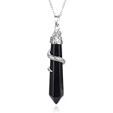 Creative Club 1pc Real Natural Black Obsidian Hexagonal Pile Gemstone Pendant Necklace Healing Reiki Chakras Energy Rock 18 Inch Women Men Stainless Steel Surgical Jewelry GGP-D11