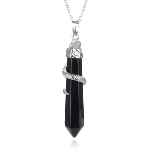 Creative Club 1pc Real Natural Black Obsidian Hexagonal Pile Gemstone Pendant Necklace Healing Reiki Chakras Energy Rock 18 Inch Women Men Stainless Steel Surgical Jewelry GGP-D11