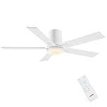 Newday 48inch White Ceiling Fan, Flush Mount Ceiling Fan with Remote Control, Quiet DC Motor, 2 Color Blade, Stepless Dimmable LED 24W, 7 Speed Mode, Memory Function for Bedroom, Living Room