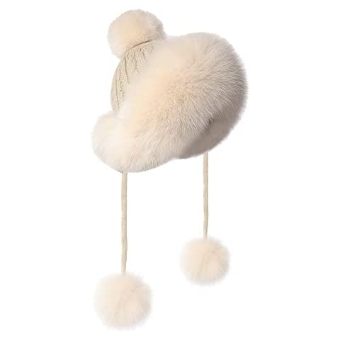 Winter Hats for Women Faux Fur Beanie Hat with Pom Fuzzy Trapper Hat Ears Warm Kint Cap Lined Cute Snow Hat, beige, One Size Fits All Cover