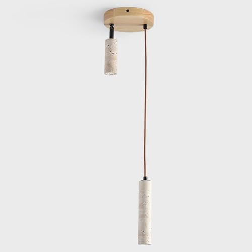 Lustre suspendu mid century en bois massif et pierre naturelle d'exception