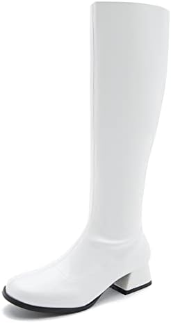 Enelauge Women's Go Go Boots Over The Knee Block Mid Heel Boots Square Toe Zipper Party Dance Shoes White 46-13 US