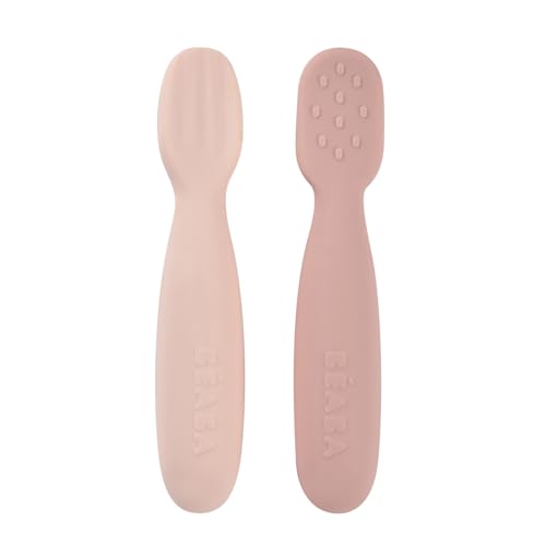 BÉABA,Set de 2 Cucharas Bebé 1ª Edad, Precucharas Silicona, Cubiertos Bebé, A partir de 4 Meses, Forma Ergonómica, Diferentes Texturas, Mango Ergonómico, Algodón de Azúcar/Marshmallow