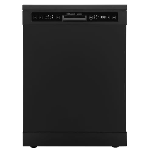 Russell Hobbs Freestanding Dishwasher Class D 14 Place Settings 6 Wash Programs 24-Hour Delay Start Auto Door Open 1 x Height Adjustable Basket and Mini Cutlery Tray in Black RH60DW00D2B