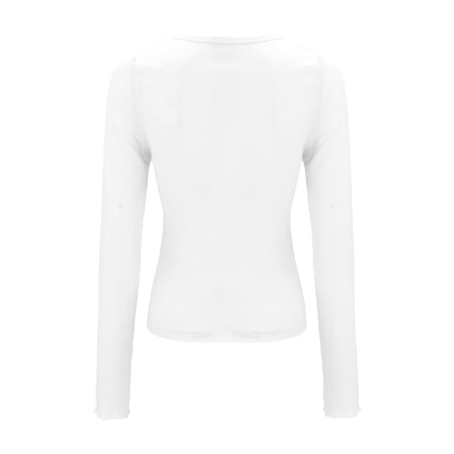 Camisetas de manga larga para mujer Henley Shirt Slim Fit acanalado cuello V manga larga camiseta con botones túnica mujer básico tops rayas camiseta interior casual, Blanco, M
