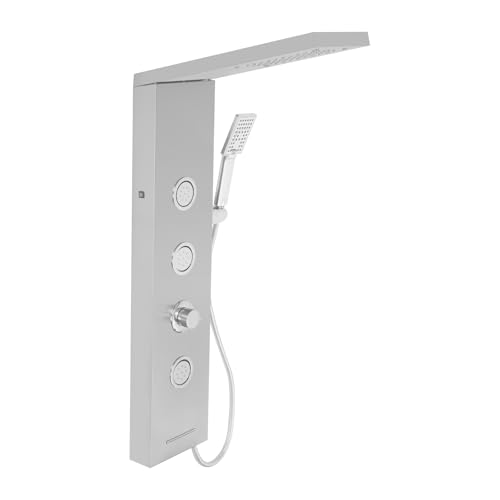 YIEMJS LED-Duschpaneel​ Edelstahl Silber mit 10 blauen LEDs, hydraulische Stromversorgung, Überkopf-Regendusche & Handbrause, Edelstahl-Schlauch 1.5m, für Wand- und bündige Montage, G1/2 Anschluss