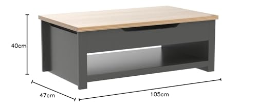 Home Source Lift Up Coffee Occasional Table, Storage Shelf, Oak Effect, Dark Grey