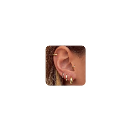 Image of Roheafer Small Gold Hoop Earrings for Women Trendy 14K Gold Plated Chunky Huggie Earrings Stacks Hypoallergenic Dainty Twisted CZ Cartilage Hoop Earring Sets for Multiple Piercing