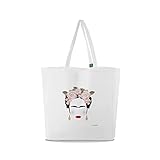 Dimensiones: 38x42x8 cm all sas Bolso shopper de tela de algodón 100% con estampado Frida Kahlo, Color blanco., 38x42 cm