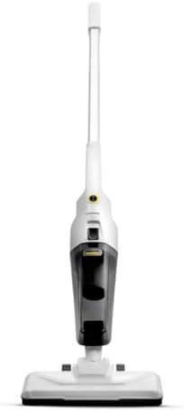 Aspirador de pó vertical branco e preto com cabo longo e base plana.