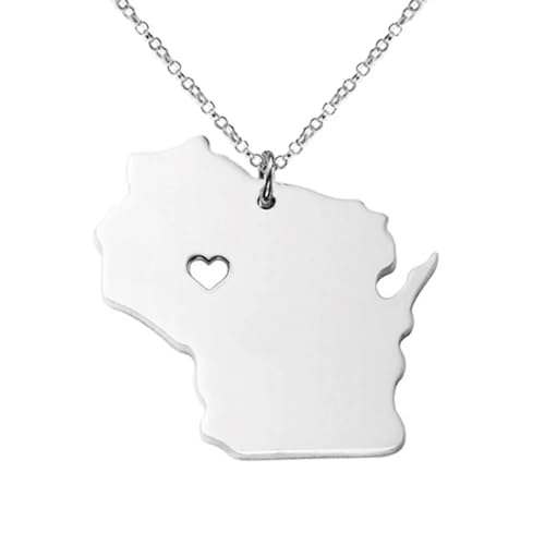 Art Attack Stainless Steel I Love Wisconsin Necklace, Badger Dairyland Cheese State Heart Map Pendant (Silver)