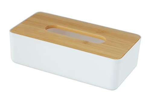 WENKO Kosmetiktuchbox Rotello, Box für Kosmetiktücher oder Taschentücher, Kunststoffbox mit Deckel aus Bambus, leichte Entnahme, zum Verstauen handelsüblicher Pappboxen, 24 x 7,5 x 12,7 cm, Weiß/Natur