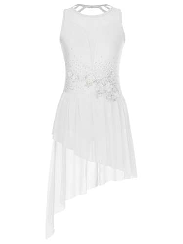 Miutii Damen Eiskunstlauf Kleid Glitzer Ballettkleid Ärmellos Lyrisch Tanzkleid mit Asymmetrisch Rock Modern Dance Wettbewerb Tanzkostüm Weiß S