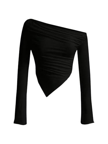 SOLY HUX Girl's Off Shoulder Long Sleeve Shirts Y2k Asymmetrical Fitted Tee Shirt Crop Tops