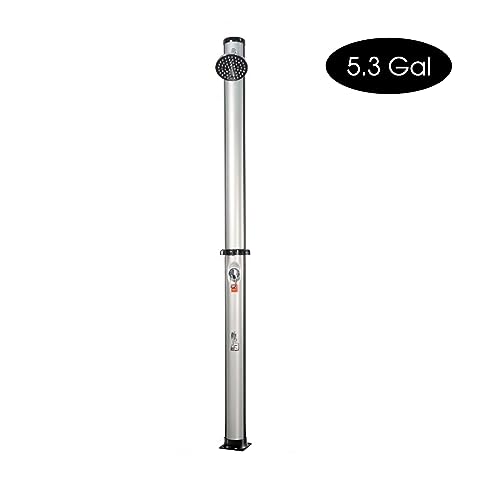 Solar Heated Shower, 5.3 Gallon Outdoor Shower with Shower Head & Foot Shower Tap for Garden Backyard Poolside Beach Pool Spa Backyard Beach (5.3 Gal, Silver)